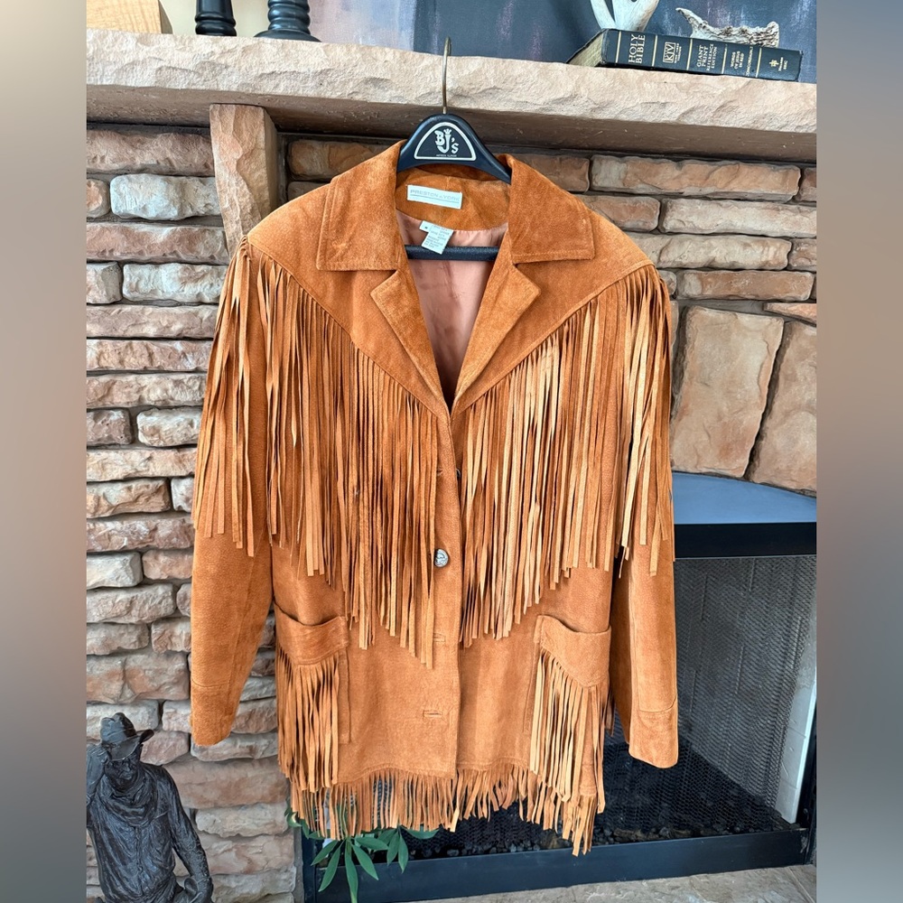 Vintage Suede Fringe Jacket Western Boho Leather Tan Cowgirl Festival Women’s